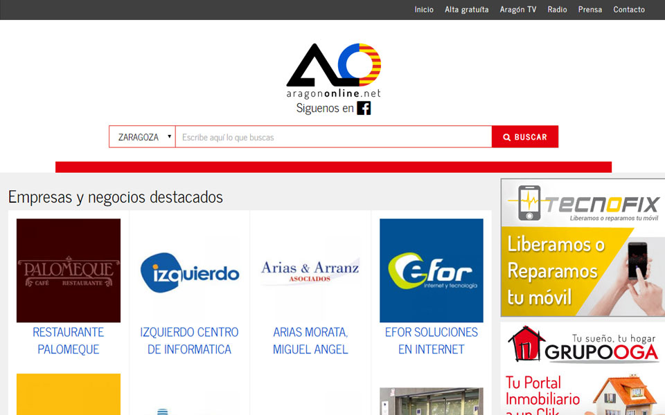 Diseño web y programación del directorio de empresas Aragon Online